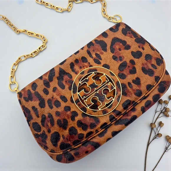 Tory Burch Ainsley Leopard Print Patent Leather Clutch Crossbody Gold Logo Bag - Picture 6 of 17